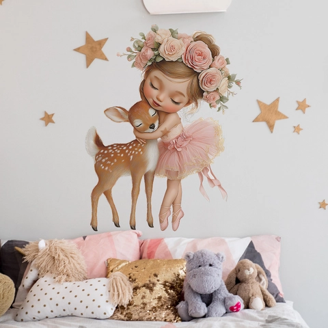 Adesivo Murale Ragazza Balletto Che Abbraccia Cervo Acquerello Corona di Fiori Decalcomania Decorativa per Cameretta Bambini Camera da Letto