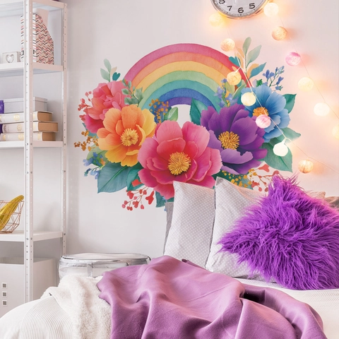 Aquarell Regenbogen Und Blühende Blumen Wandtattoo Für Kinderzimmer Schlafzimmer Wohnzimmer PVC Selbstklebende Haus Deko