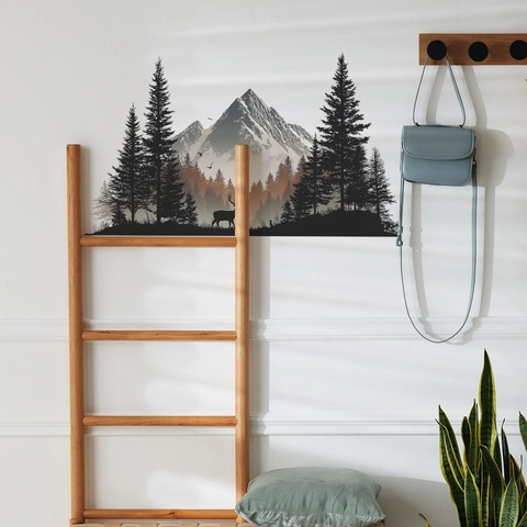 3D Simulation Snow Mountain Pine Forest Deer Wall Sticker PVC Self Adhesive Nordic Landscape Wall Decal For Home Decor
