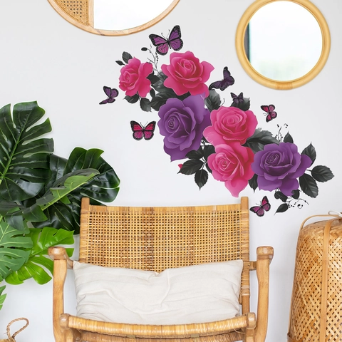Pegatina de Pared de PVC Impermeable Rosa Púrpura y Mariposa Calcomanía Floral Creativa Para Puerta de Vidrio de Baño Hogar