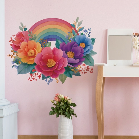 Aquarell Regenbogen Und Blühende Blumen Wandtattoo Für Kinderzimmer Schlafzimmer Wohnzimmer PVC Selbstklebende Haus Deko