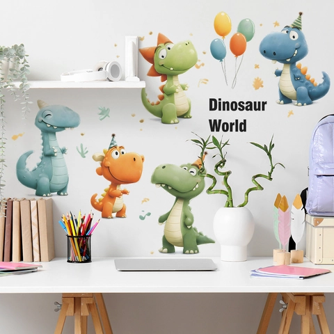 Stickers Muraux Dinosaure Cartoon et Ballons pour Chambre d'Enfant PVC Auto-adhésif Décalcomanies Monde des Dinosaures