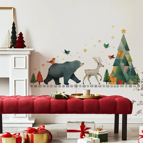 Juego de Pegatinas de Pared de Animales del Bosque de Navidad PVC Autoadhesivo Oso Reno Árbol de Navidad Estrellas