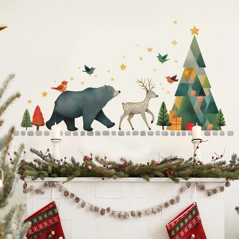 Juego de Pegatinas de Pared de Animales del Bosque de Navidad PVC Autoadhesivo Oso Reno Árbol de Navidad Estrellas