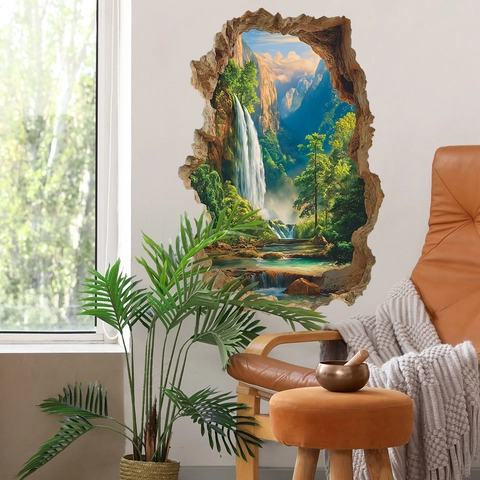 Adesivo Murale PVC Visione 3D Muro Rotto Cascata Paesaggio Naturale Autoadesivo Decoro Casa per Soggiorno Camera da Letto