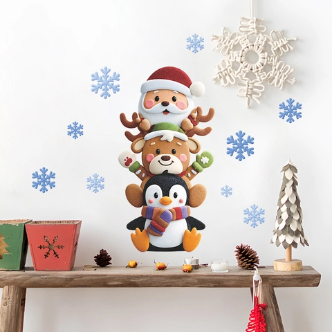 Cartoon Christmas Wall Stickers Santa Claus Reindeer Penguin Stacked Pattern PVC Removable Festive Window Clings Home Decor