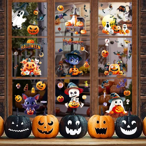 Halloween Statische Fensteraufkleber Cartoon Kürbis Geist Fledermaus Spinne PVC Dekore Für Haus Glas Party Dekoration Zubehör