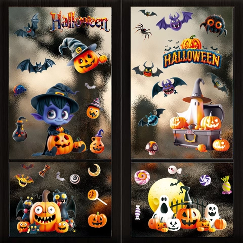 Halloween Statische Fensteraufkleber Cartoon Kürbis Geist Fledermaus Spinne PVC Dekore Für Haus Glas Party Dekoration Zubehör