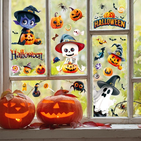 Halloween Fensteraufkleber 3D Statische PVC Kürbis Geist Fledermaus Vampir Spinne Cartoon Feiertag Party Haus Fenster Dekor