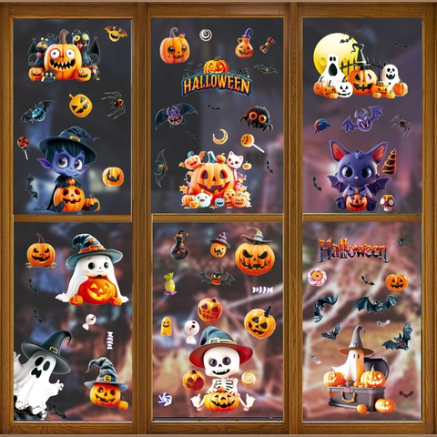 Halloween Fensteraufkleber 3D Statische PVC Kürbis Geist Fledermaus Vampir Spinne Cartoon Feiertag Party Haus Fenster Dekor