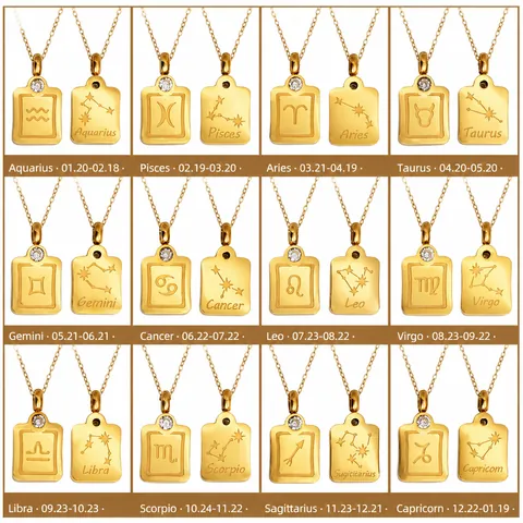 304 Stainless Steel Twelve Zodiac Sign Pendant Necklace For Women Gold Plated Double Sided Constellation Necklace Rhinestone Personalized Jewelry