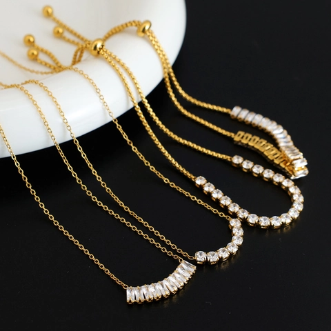 Stainless Steel Cubic Zirconia Tennis Necklace And Bracelet 18K Gold Plated Adjustable Slider Chain Jewelry For Women