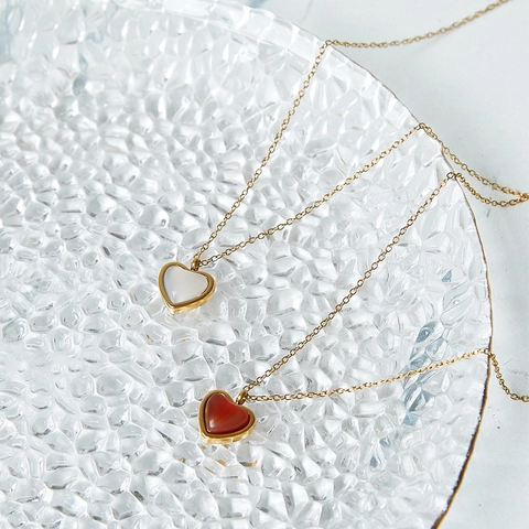 Minimalist Heart Natural Agate Titanium Steel Necklace And Earrings Gold Plated Agate Heart Pendant Jewelry For Women Birthday Gift