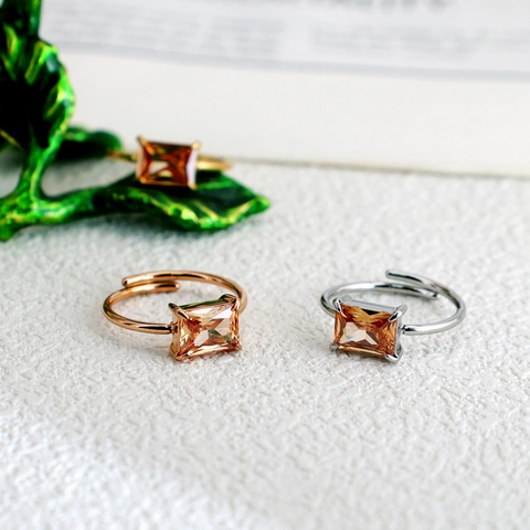 Minimalist Stainless Steel Zirconia Adjustable Open Ring For Women Geometric Champagne Gemstone Prong Setting Finger Jewelry