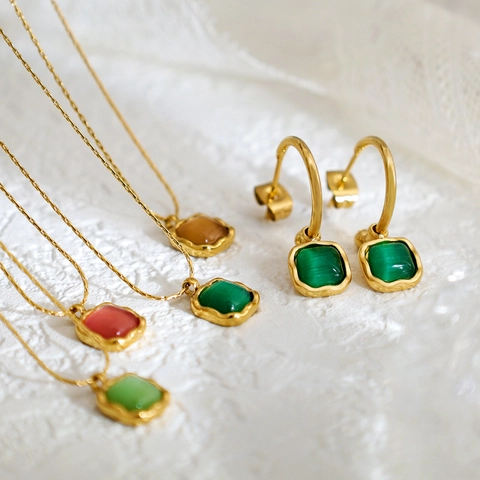 Stainless Steel Cat Eye Stone Jewelry Set Square Geometric Pendant Necklace Earrings Vintage Gold Plated Jewelry For Women