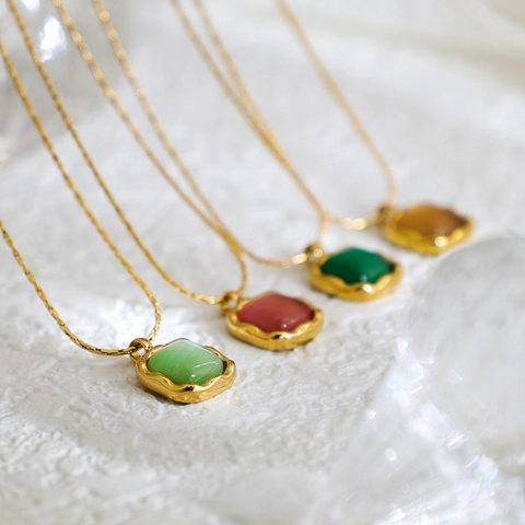 Stainless Steel Cat Eye Stone Jewelry Set Square Geometric Pendant Necklace Earrings Vintage Gold Plated Jewelry For Women