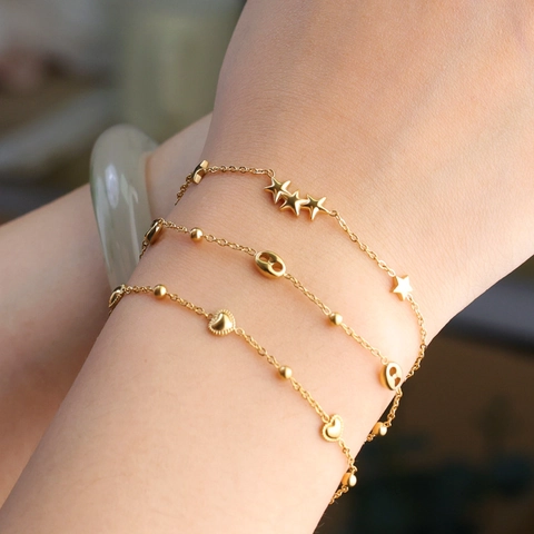 Minimalist Titanium Steel Charm Bracelet For Women 18K Gold Plated Delicate Chain Jewelry With Heart Star And Coffee Bean Pendents