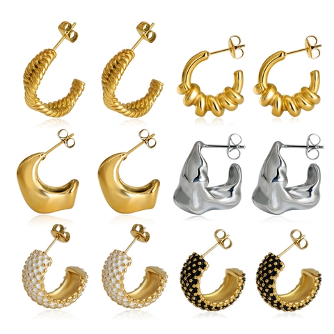 Stainless Steel C Shaped Hoop Earrings For Women Gold Silver Plated Irregular Wrinkled Texture Twisted Enamel Polka Dot Jewelry