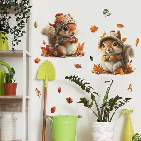 Cartoon Autumn Squirrel Acorn Wall Stickers PVC Waterproof Self Adhesive Fall Leaves Home Decor For Bedroom Living Room