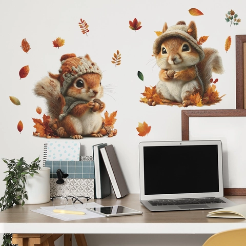 Cartoon Autumn Squirrel Acorn Wall Stickers PVC Waterproof Self Adhesive Fall Leaves Home Decor For Bedroom Living Room