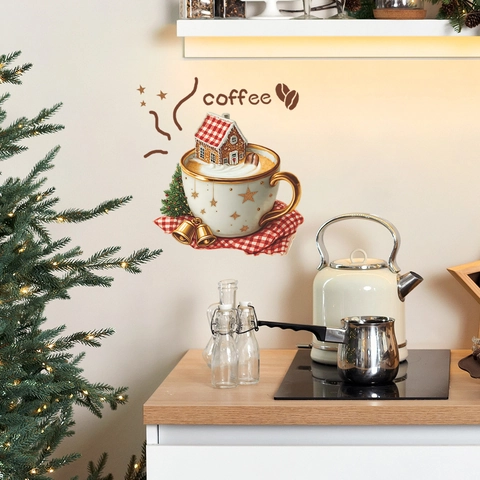 Christmas Coffee Cup Wall Sticker PVC Gingerbread House Tree Pattern Waterproof Decal For Kitchen Restaurant Cafe Home Decor