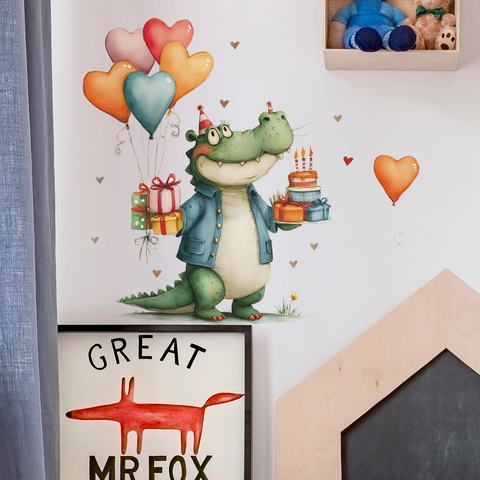 Cartoon Crocodile Birthday Celebration Wall Sticker With Cake Balloons Gifts Pattern Waterproof PVC Decal For Kids Nursery Room Decor