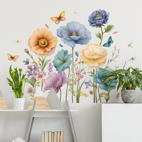 Aquarell Blume Schmetterlinge Wandaufkleber PVC Abnehmbare Florale Wandtattoo Für Schlafzimmer Wohnzimmer Zuhause Kunst Dekor