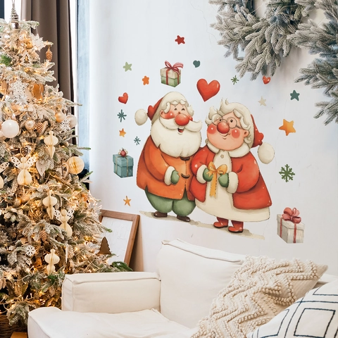 Christmas Santa Claus Mrs Claus Wall Stickers PVC Hand-Painted Festive Home Decor Removable Cartoon DIY Wall Decal For Bedroom