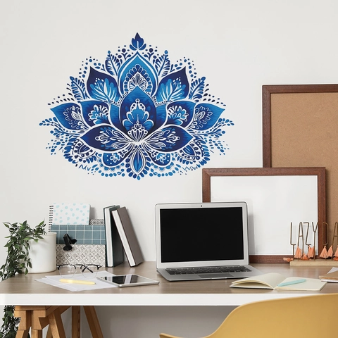 Blauwe Mandala Lotus Muursticker Verwijderbaar Zelfklevend PVC Vinyl Muurschildering Voor Woonkamer Slaapkamer Studeerkamer Wanddecoratie