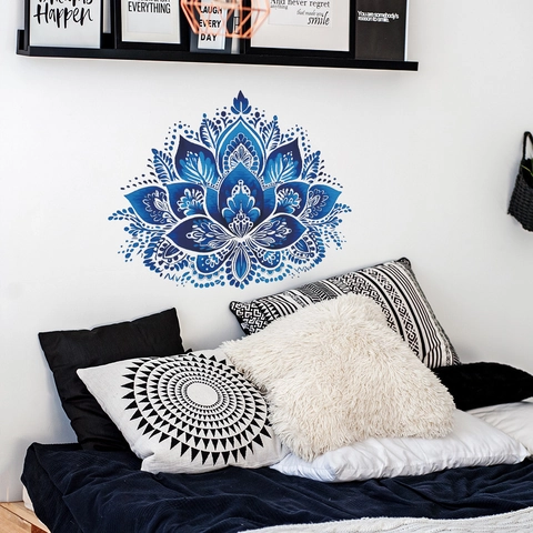 Blauwe Mandala Lotus Muursticker Verwijderbaar Zelfklevend PVC Vinyl Muurschildering Voor Woonkamer Slaapkamer Studeerkamer Wanddecoratie