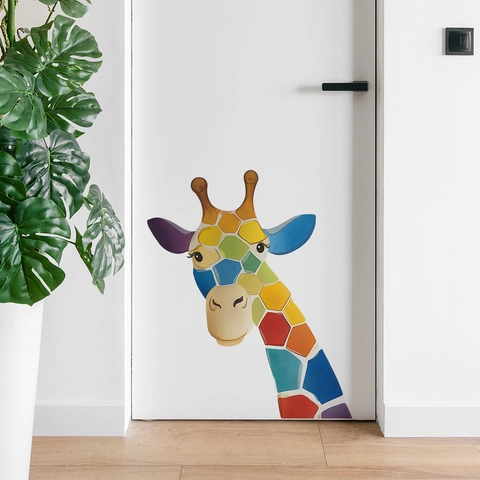 Autocollant Mural Girafe Géométrique Coloré Murale en PVC Amovible DIY pour Décoration Chambre d'Enfants Maison