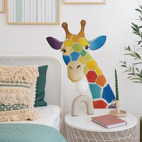 Autocollant Mural Girafe Géométrique Coloré Murale en PVC Amovible DIY pour Décoration Chambre d'Enfants Maison