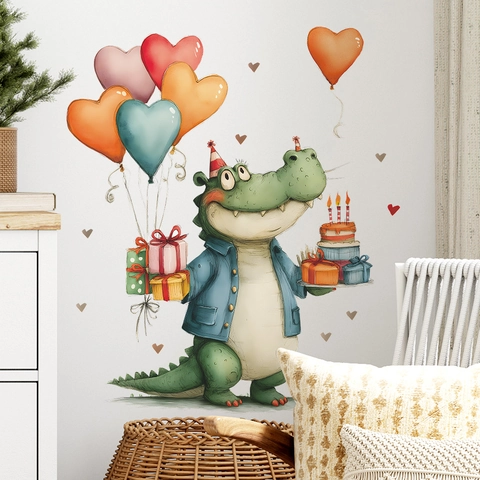 Cartoon Crocodile Birthday Celebration Wall Sticker With Cake Balloons Gifts Pattern Waterproof PVC Decal For Kids Nursery Room Decor