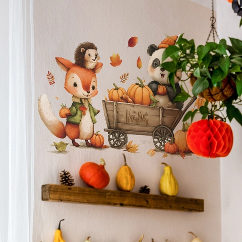 Autumn Cartoon Fox Panda Pumpkin Wall Stickers PVC Removable Watercolor Maple Leaf Decor For Kids Room Nursery Wall Decals