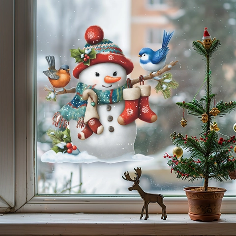 Cartoon Kerst Sneeuwpop Vogel Decoratieve Muurstickers Verwijderbare PVC Zelfklevende Vensterstickers Voor Huisdecoratie