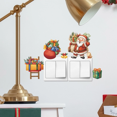 Christmas Cartoon Santa Claus Switch Sticker PVC Wall Sticker With Gift Box Bell Patterns For Festive Home Background Decoration