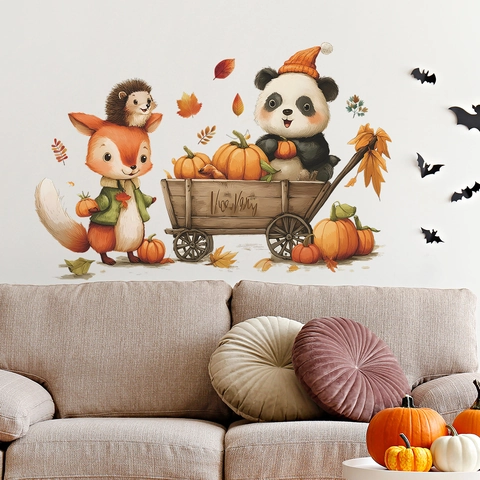 Autumn Cartoon Fox Panda Pumpkin Wall Stickers PVC Removable Watercolor Maple Leaf Decor For Kids Room Nursery Wall Decals