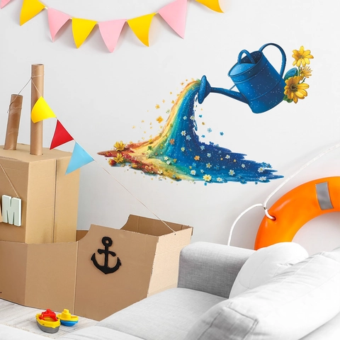 Creative Rainbow Floral Watering Can Wall Sticker PVC Self Adhesive Decal For Living Room Kids Room Bedroom Decoration