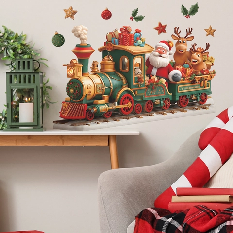 Christmas Train Santa Claus Reindeer Wall Sticker PVC Cartoon 3D Visual Effect Decals For Festive Home Kids Room Decoration