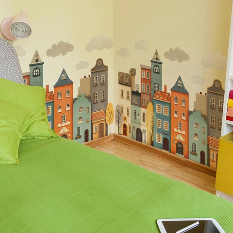 Cartoon Europese Stijl Huis Muurstickers Voor Kinderkamer Slaapkamer Decor Kleurrijke Gebouwen Wolken Bomen PVC Decoratieve Muurstickers