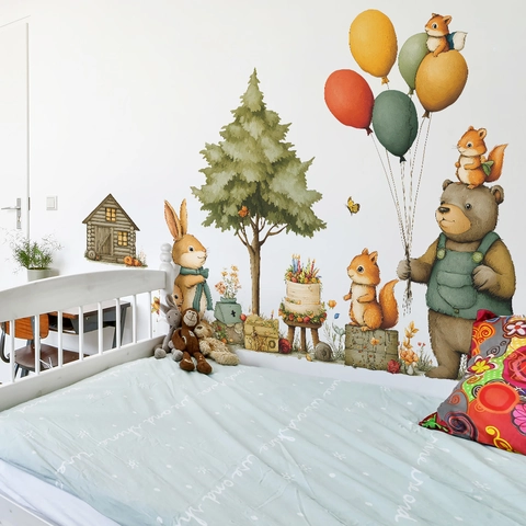 Forest Animal Wall Stickers Cartoon Bear Rabbit Squirrel Tree Balloons Self-Adhesive PVC Decals For Kids Room Nursery Decor