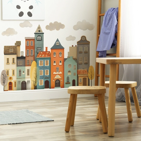 Cartoon Europese Stijl Huis Muurstickers Voor Kinderkamer Slaapkamer Decor Kleurrijke Gebouwen Wolken Bomen PVC Decoratieve Muurstickers