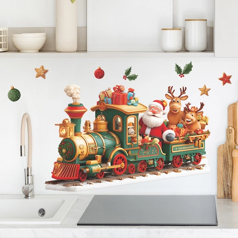 Christmas Train Santa Claus Reindeer Wall Sticker PVC Cartoon 3D Visual Effect Decals For Festive Home Kids Room Decoration