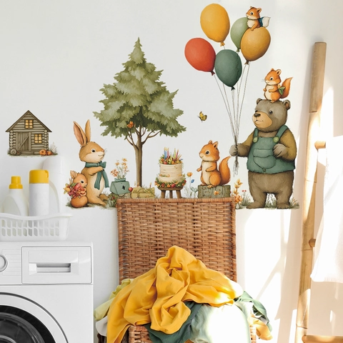 Forest Animal Wall Stickers Cartoon Bear Rabbit Squirrel Tree Balloons Self-Adhesive PVC Decals For Kids Room Nursery Decor