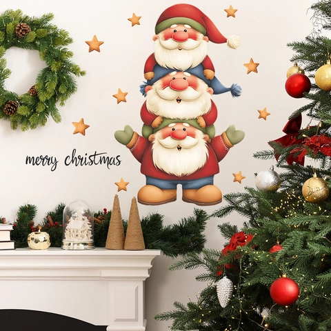 Adesivo da Parete Gnomi di Natale Impilati PVC Autoadesivo Stelle Cartone Animato Buon Natale per Soggiorno Cameretta