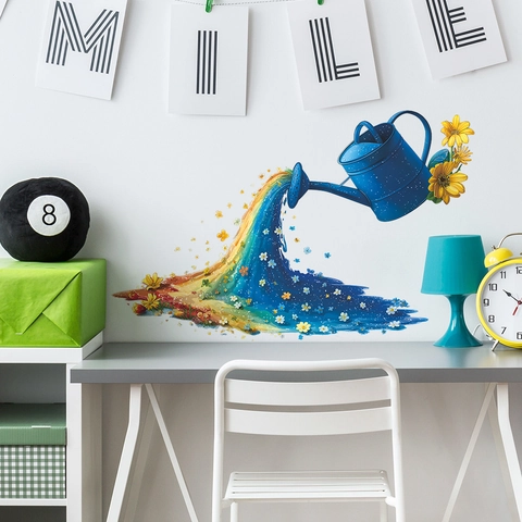 Creative Rainbow Floral Watering Can Wall Sticker PVC Self Adhesive Decal For Living Room Kids Room Bedroom Decoration