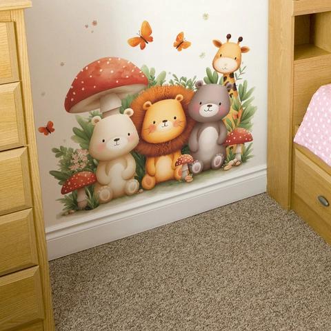 Cartoon Lion Bear Giraffe Mushroom Wall Stickers Waterproof PVC Self Adhesive Decals For Kids Room Nursery Bedroom Decor