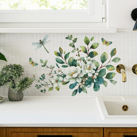 Aquarell Weiße Blume Grünes Blatt Libelle Schmetterling PVC Wandaufkleber Für Badezimmer Küche Wohnzimmer Haus Deko