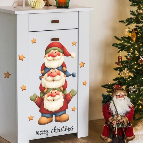 Adesivo da Parete Gnomi di Natale Impilati PVC Autoadesivo Stelle Cartone Animato Buon Natale per Soggiorno Cameretta