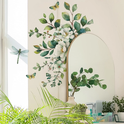 Aquarell Weiße Blume Grünes Blatt Libelle Schmetterling PVC Wandaufkleber Für Badezimmer Küche Wohnzimmer Haus Deko